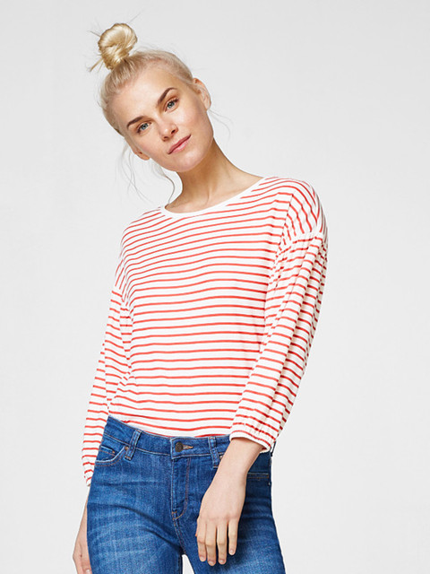 

ESPRIT Women White & Red Striped Round Neck T-shirt