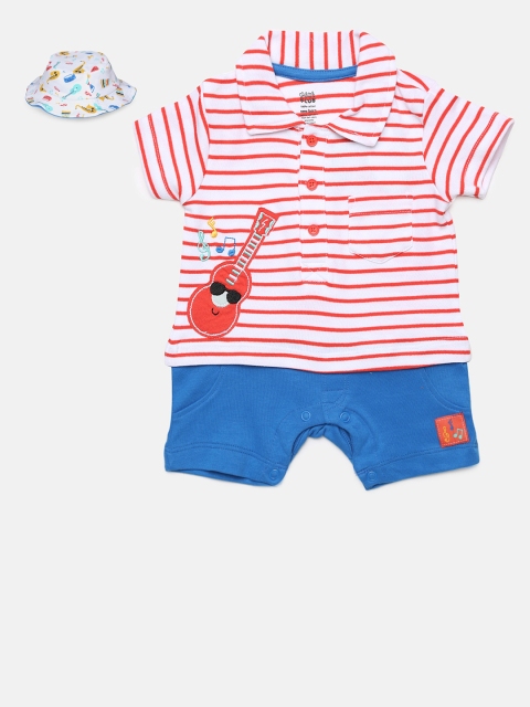 

MINI KLUB Boys Red & Blue Printed Romper & Reversible Hat