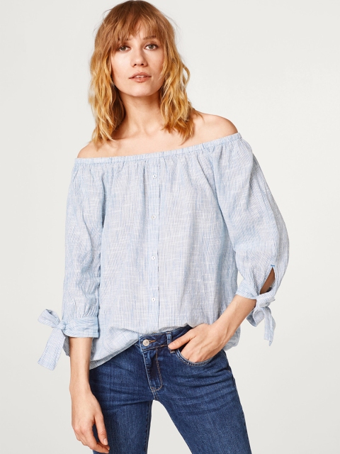 

ESPRIT Women Blue & White Striped Bardot Top