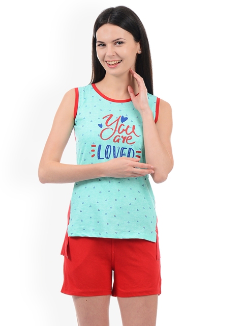 

Sweet Dreams Women Sea Green & Red Printed Night Suit 210818