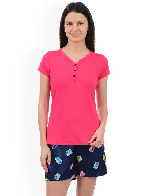 

Sweet Dreams Women Pink & Navy Blue Solid Night Suit 213218