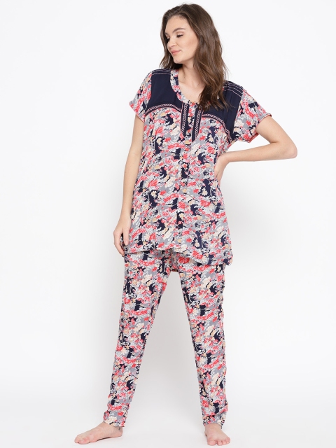 

Sweet Dreams Women Navy Blue & Coral Pink Printed Night Suit