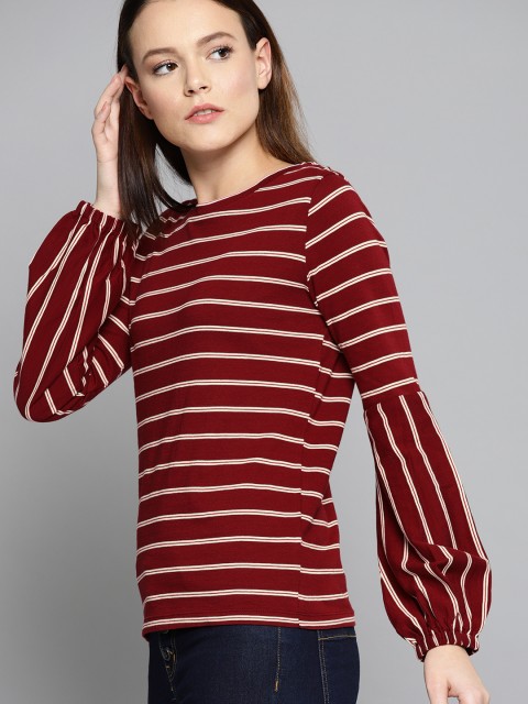 

Chemistry Women Maroon & Off-White Striped Pure Cotton Top