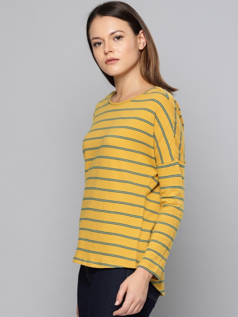 

Chemistry Women Mustard Yellow Striped Round Neck T-shirt