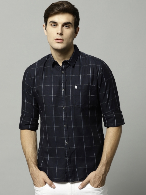 

French Connection Men Navy Blue Checked Regular Fit Casual Shirt