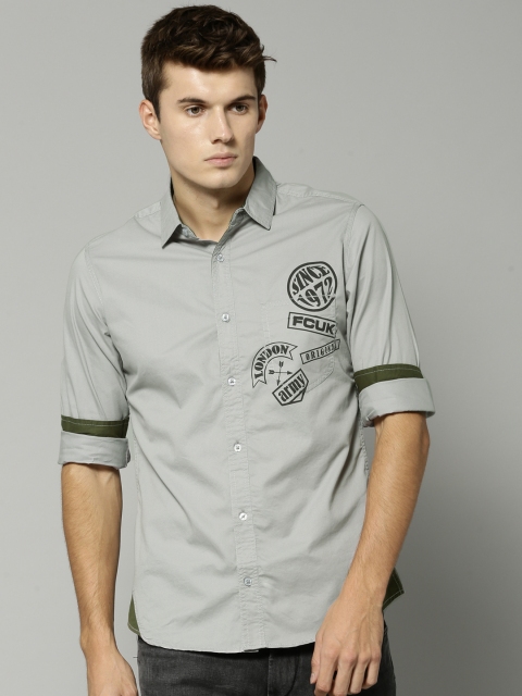 

French Connection Men Grey Slim Fit Printed Casual Shirt