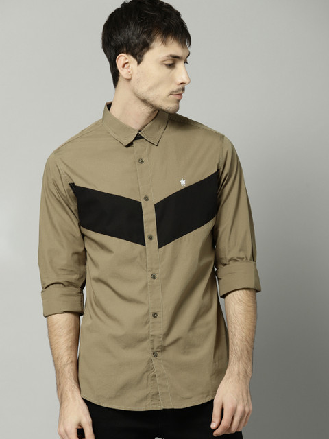

French Connection Men Brown & Black Slim Fit Colourblocked Casual Shirt