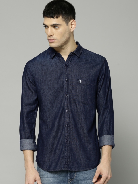 

French Connection Men Navy Blue Regular Fit Solid Casual Chambray Shirt