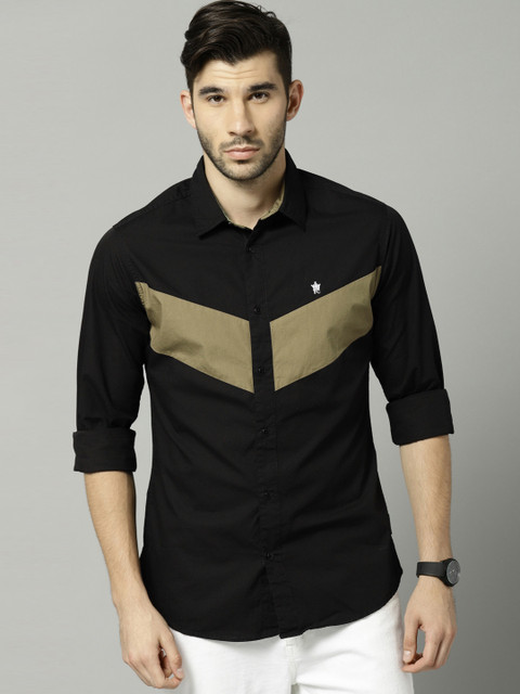 

French Connection Men Black & Brown Slim Fit Colourblocked Casual Shirt