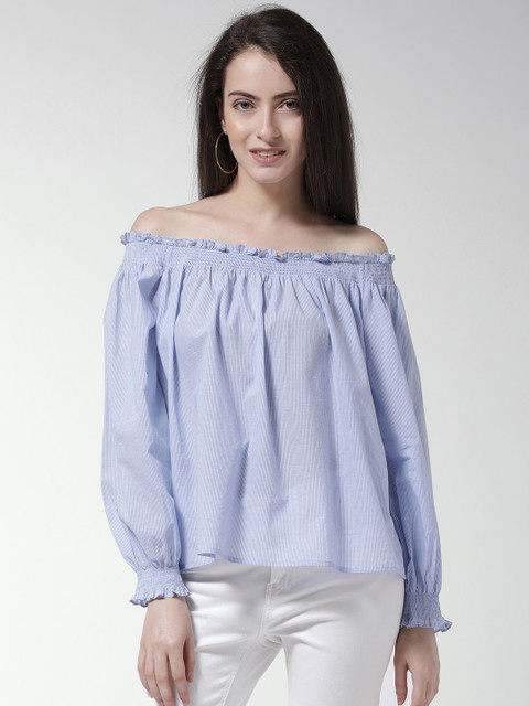 

FOREVER 21 Women Blue Striped Bardot Pure Cotton Top