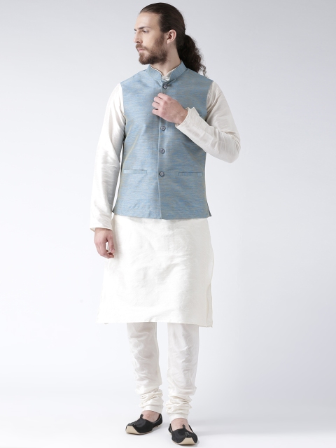 

DEYANN Men Blue & Off-White Solid Jacquard Kurta with Pyjamas & Nehru Jacket