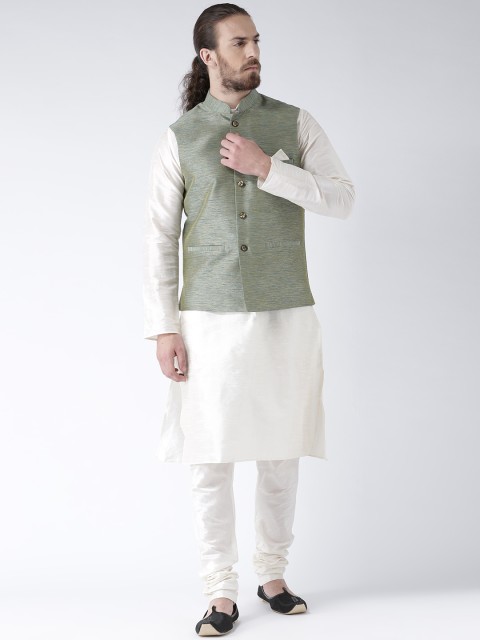 

DEYANN Men Green & Off-White Solid Jacquard Kurta with Pyjamas & Nehru Jacket