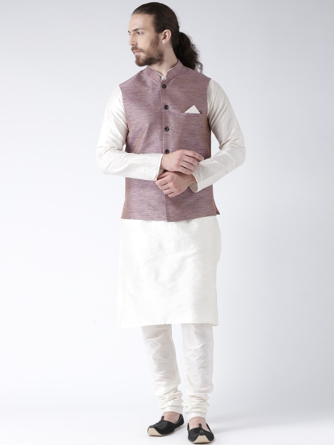 

DEYANN Men Mauve & Off-White Solid Jacquard Kurta with Pyjamas & Nehru Jacket