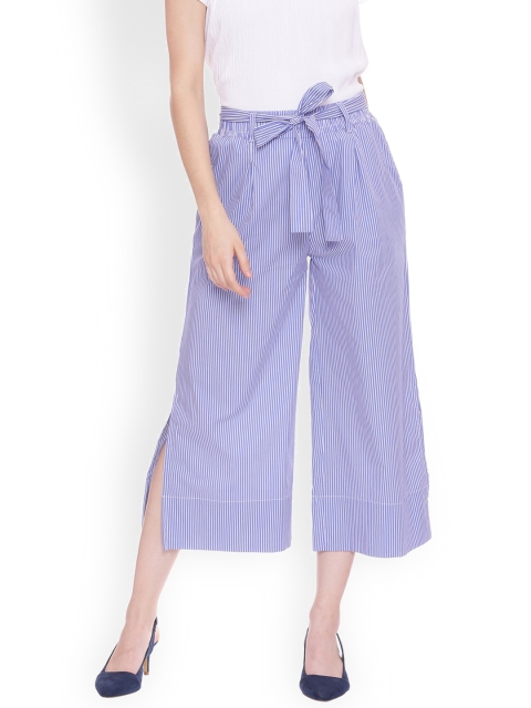 

People Women Blue Regular Fit Striped Culottes with Belt