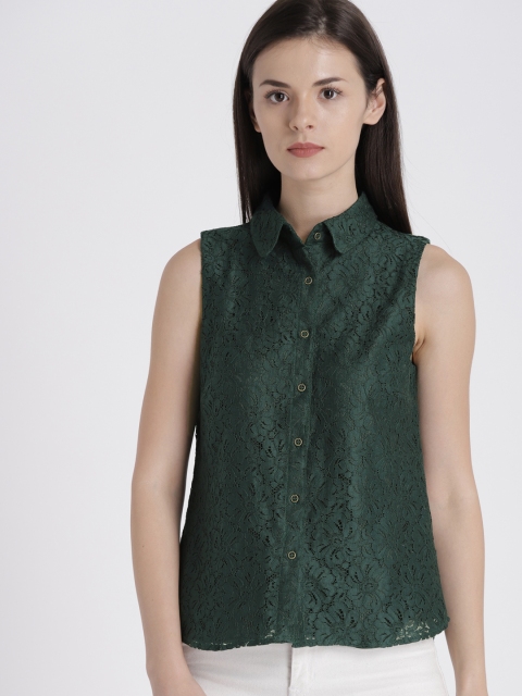 

Chemistry Women Olive Green Regular Fit Self Design Casual Shirt