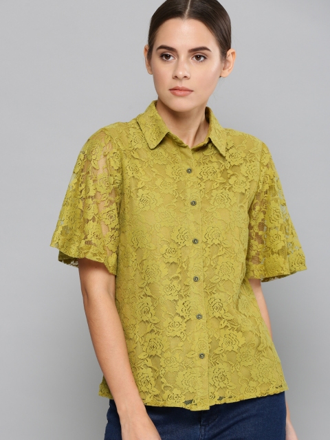 

Chemistry Women Olive Green Self Design Semi Sheer Shirt Top