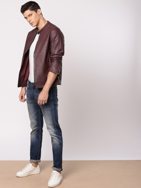 

ether Men Maroon Solid Biker Jacket