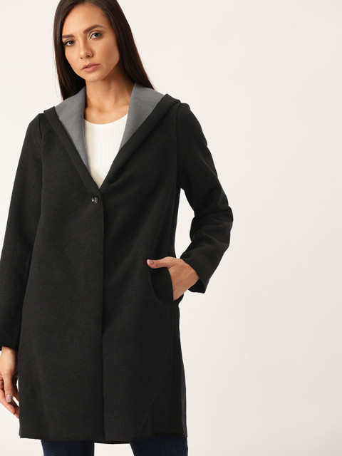 

ether Women Black Solid Single-Breasted Hip Length Hooded Overcoat