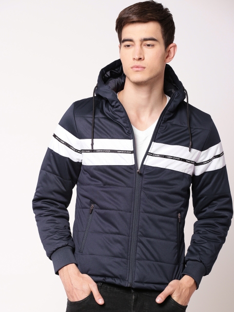 

ether Men Navy Blue Striped Puffer Jacket