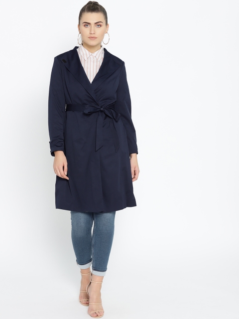 

ether Women Navy Blue Solid Trench Coat