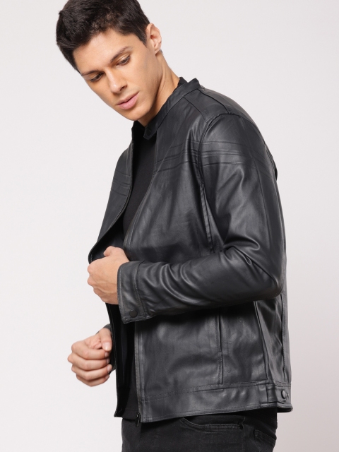 

ether Men Navy Blue Solid Biker Jacket