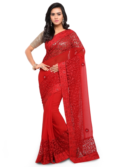 

MANVAA Red Embroidered Poly Georgette Saree