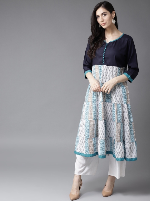 

HERE&NOW Women White & Navy Blue Printed A-Line Tiered Kurta