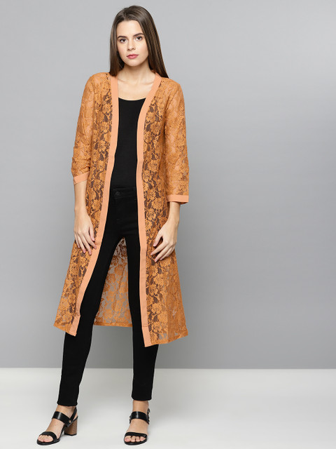 

Chemistry Brown Self Design Open Front Shrug