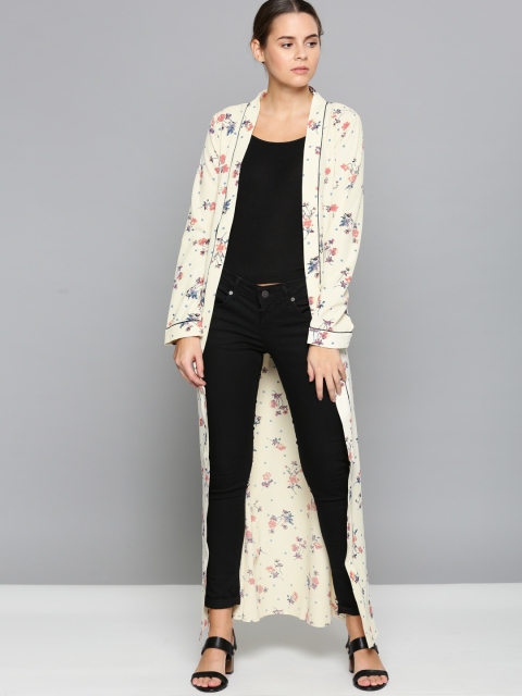 

Chemistry Cream-Coloured Printed Longline Open Front Shrug