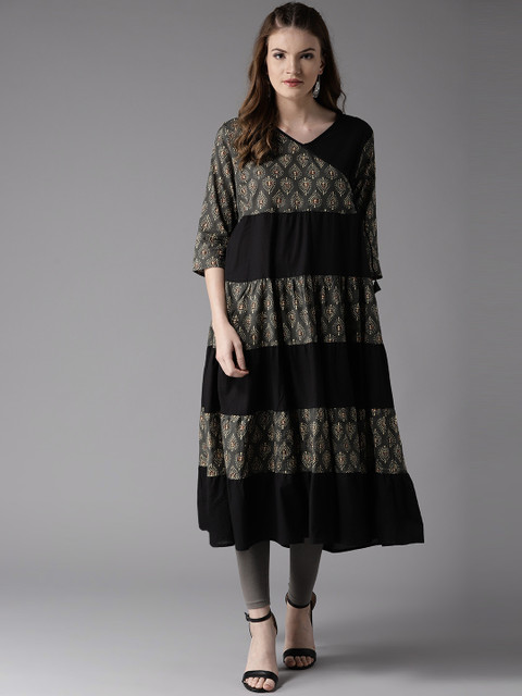 

Moda Rapido Women Black & Grey Printed A-Line Kurta