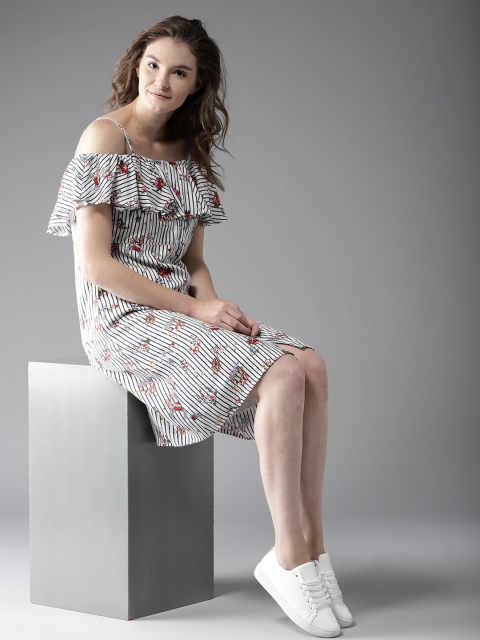 

Moda Rapido Women White & Navy Printed Striped A-Line Dress