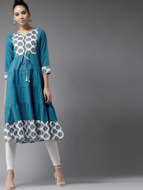 

Moda Rapido Women Blue & White Yoke Design Tiered A-Line Kurta
