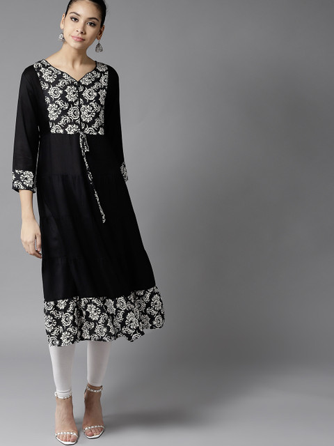 

Moda Rapido Women Black & White Yoke Design Tiered A-Line Kurta