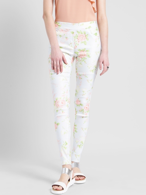 

Zink London Women White & Pink Slim Fit Printed Regular Trousers