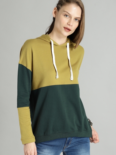 

Roadster Women Mustard Yellow & Green Colourblocked Hooded Sweatshirt