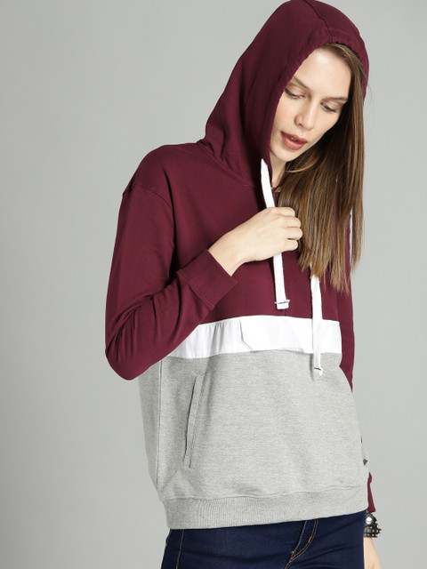 

Roadster Women Burgundy & Grey Colourblocked Hooded Sweatshirt