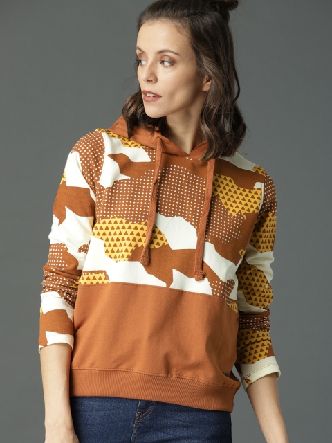 

Roadster Women Brown & Off-White Printed Hooded Sweatshirt