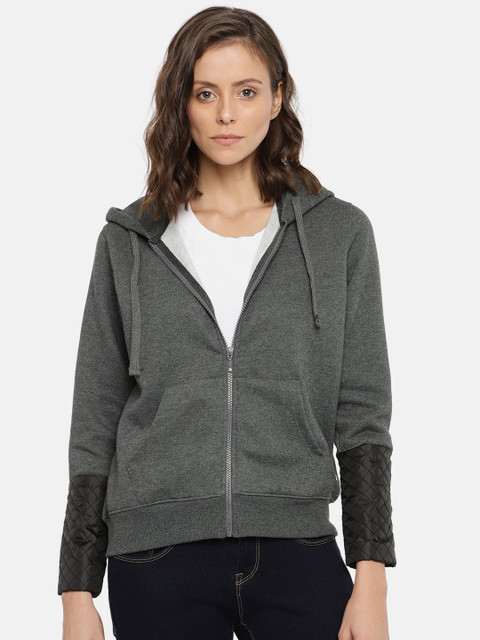 

Roadster Women Charcoal Grey Solid Hooded Sweatshirt