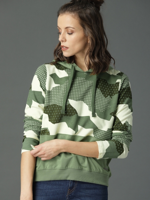 

Roadster Women Green & Off-White Printed Hooded Sweatshirt
