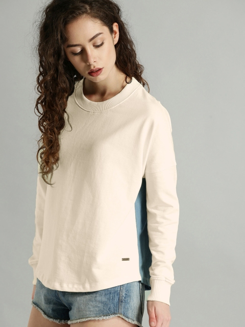 

Roadster Women Cream-Coloured & Blue Colourblocked Sweatshirt