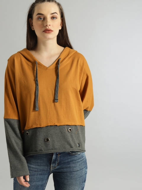 

Roadster Women Mustard & Grey Colourblocked Hooded Sweatshirt