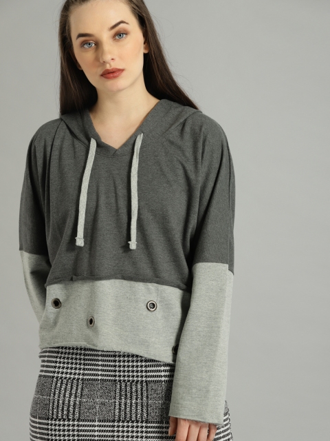 

Roadster Women Charcoal Grey Colourblocked Hooded Sweatshirt