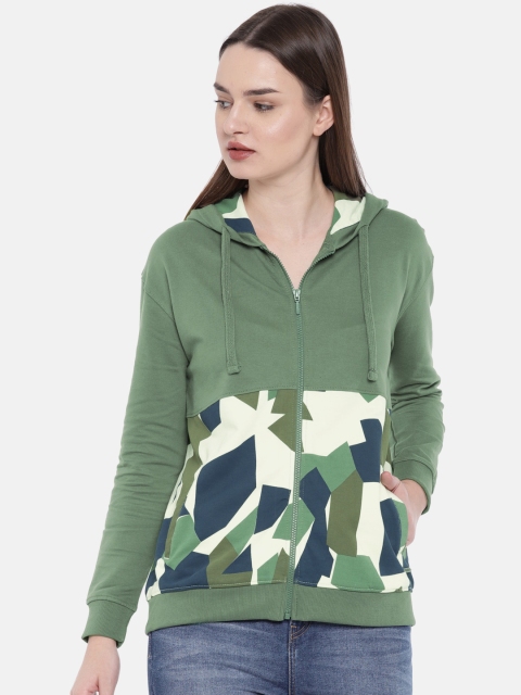 

Roadster Women Olive Green & Cream-Coloured Colourblocked Hooded Sweatshirt