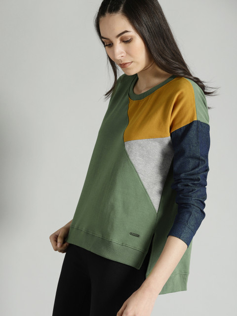 

Roadster Olive Green & Mustard Yellow Colourblocked Sweatshirt