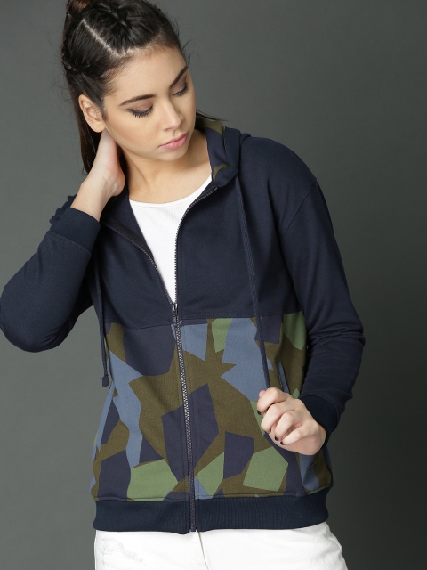 

Roadster Women Navy Blue & Olive Green Printed Hooded Sweatshirt