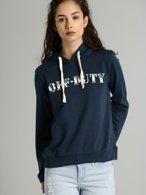 

Roadster Women Navy Blue Printed Hooded Sweatshirt