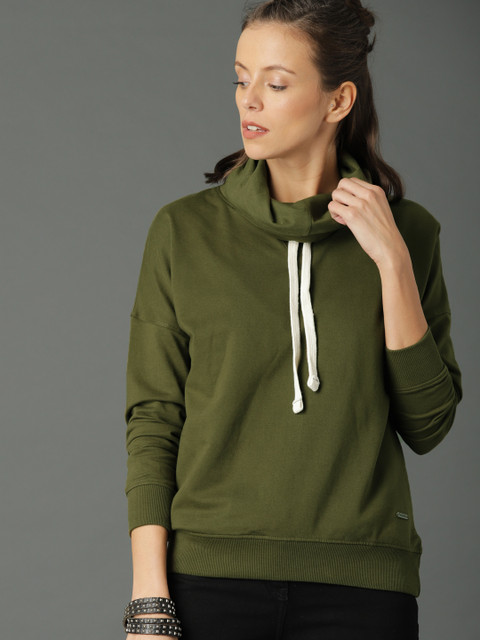 

Roadster Women Olive Green Solid Turtle Neck Sweatshirt