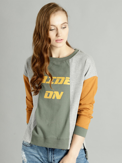 

Roadster Women Grey Melange & Olive Green Colourblocked Sweatshirt