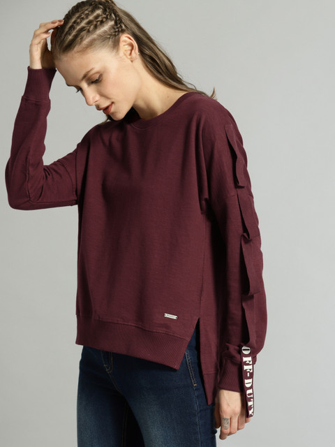 

Roadster Women Burgundy Solid Sweatshirt