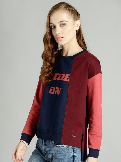 

Roadster Women Maroon & Navy Blue Colourblocked Sweatshirt